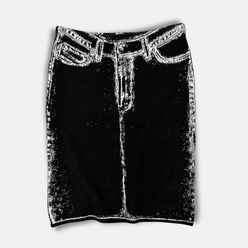 Vintage Y2K Trompe L'Oeil Denim Illusion Bodycon Mini Skirt Black White S